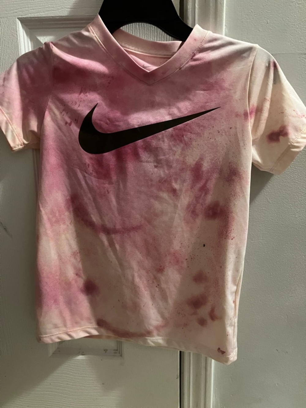 Nike Kids Pink Tie-Dye V-Neck Tee with Black Swoosh